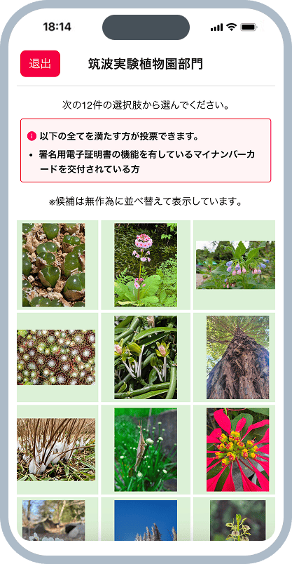 投票システム、筑波実験植物園の画面